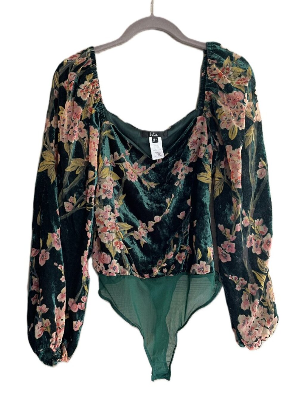 Lulus Luxe Romance Emerald Velvet Floral Burnout Long Sleeve Bodysuit Size S